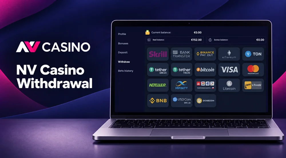 NV Casino withdrawal page with available withdrawal options